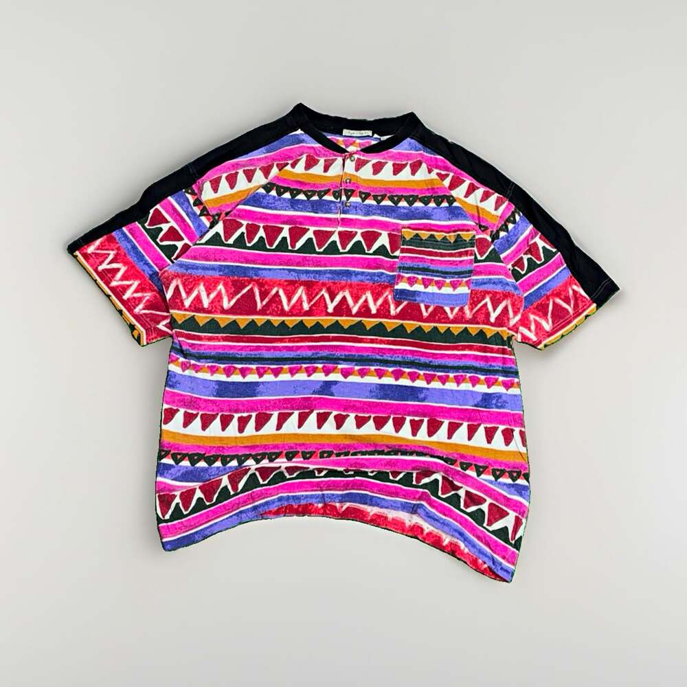 Vintage Bugle Boy Co. Aztec Henley Pocket Multicolor Cotton Tee XL